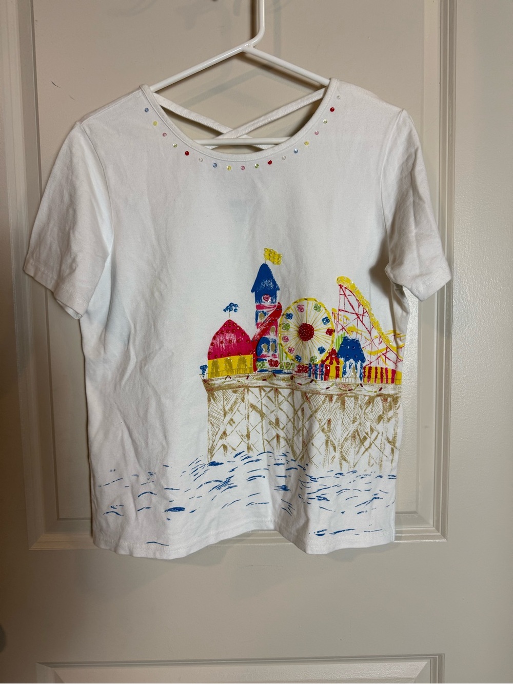 Women’s White Beaded Tee with Colorful Pier Print